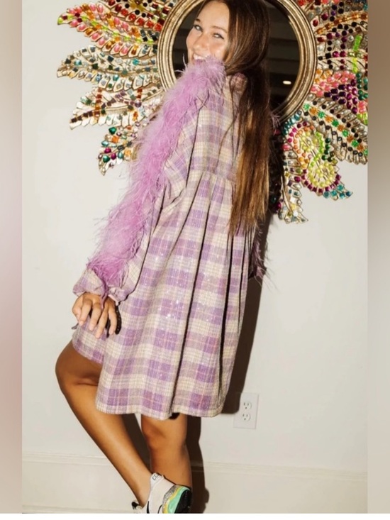 QUEEN OF SPARKLES Dresses & Skirts - QUEEN OF SPARKLES Lavender Plaid Shift Dress with Pink Feather Trim